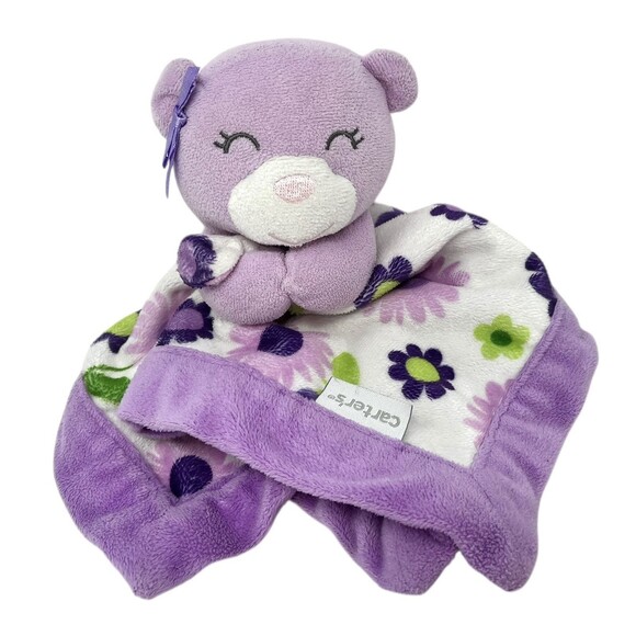 Carters Purple Bear Floral Security Blanket Baby Lovey 13x13 Inches Blankie - Picture 9 of 15